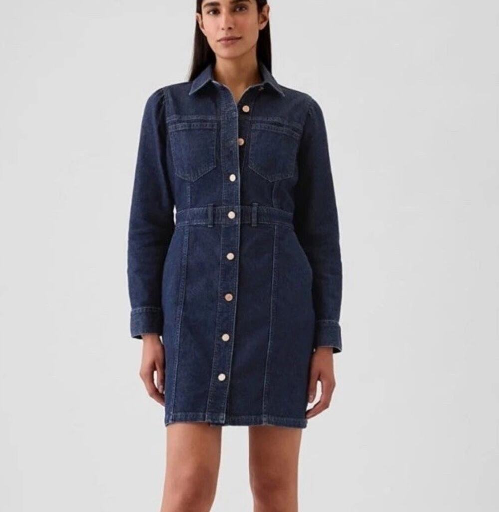 Gap Denim Dress Size M Tall Blue Dark Wash Puff Sleeves Button Pockets Western